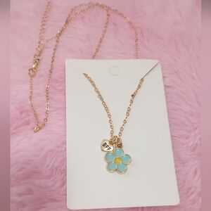 Gold and Blue Daisy Flower Pendant BFF Necklace
